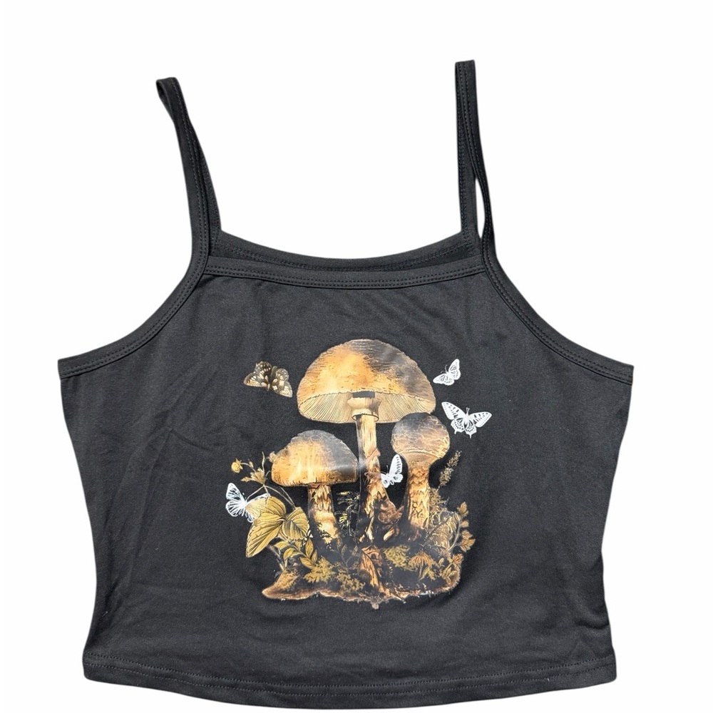 Black Crop Top with Mushroom Design